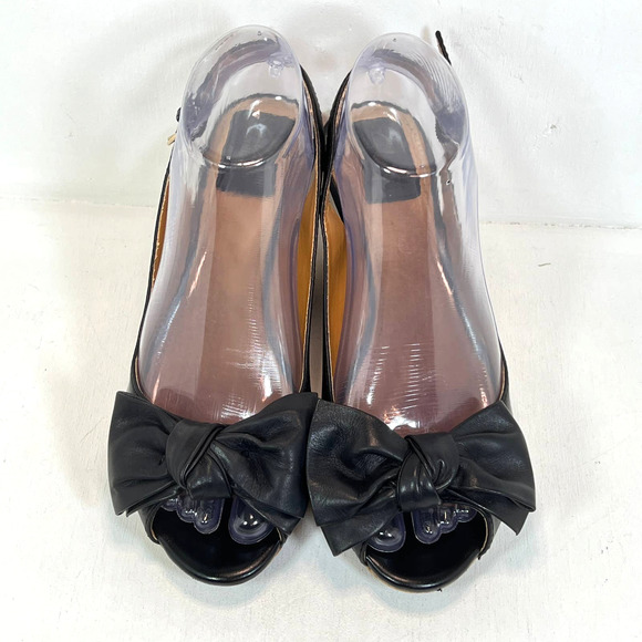 Clarks Bow Peep Toe Cork Wedge platform Heel Sandal- Black Leather -Women 7.5 - Picture 3 of 8